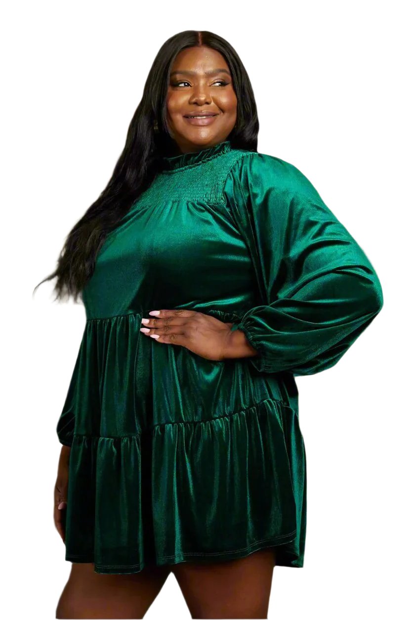 Dark green velvet tiered mini dress with long sleeves and smocked bodice, 1XL