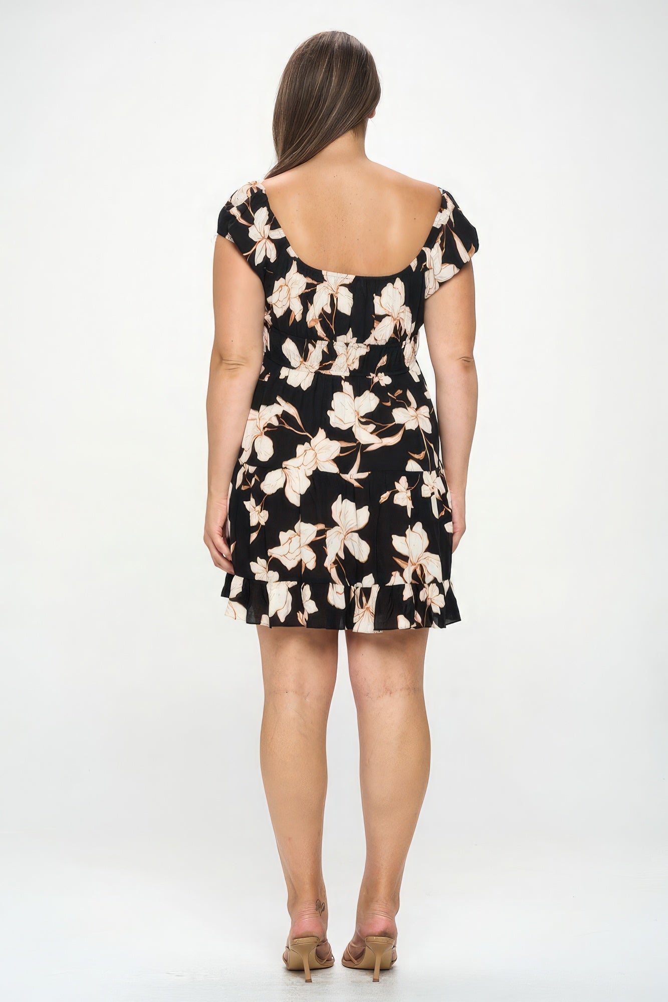 Plus Size Floral Front Tie Ruffle Black Mini Dress - Tigbul's Variety Fashion Shop