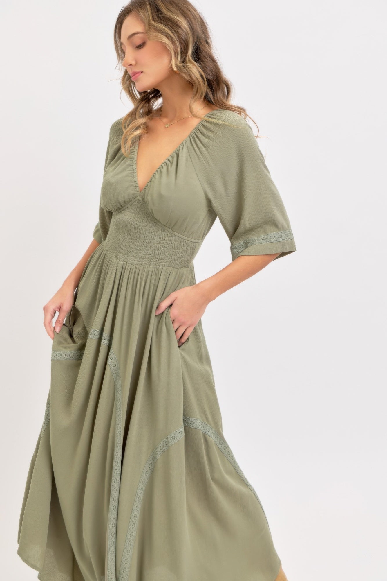 Dusty sage maxi dress, V-neck bodice, 3/4 sleeves, embroidered hem trim