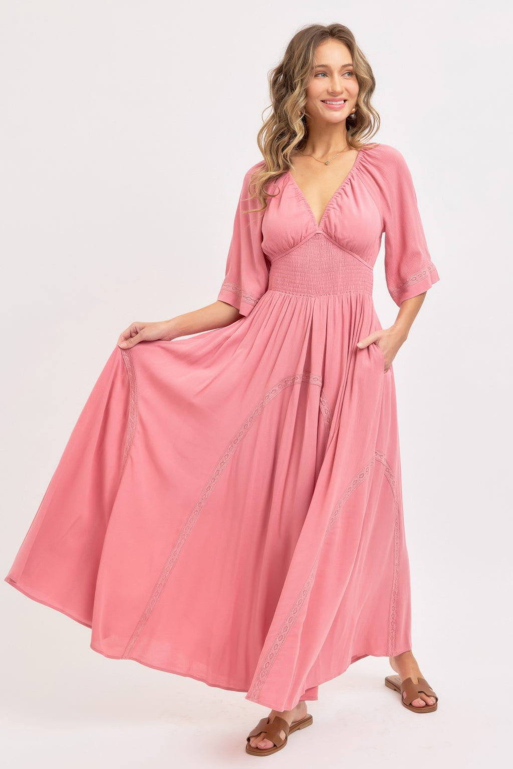 Pink rose maxi dress with V-neck, smocked waist, 3/4 sleeves, lace trim