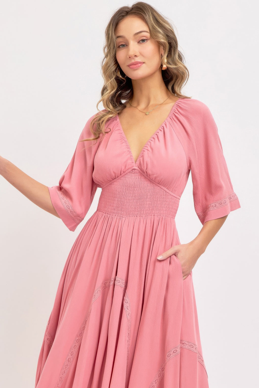 Pink rose maxi dress, V-neck, smocked waist, 3/4 sleeves with lace trim