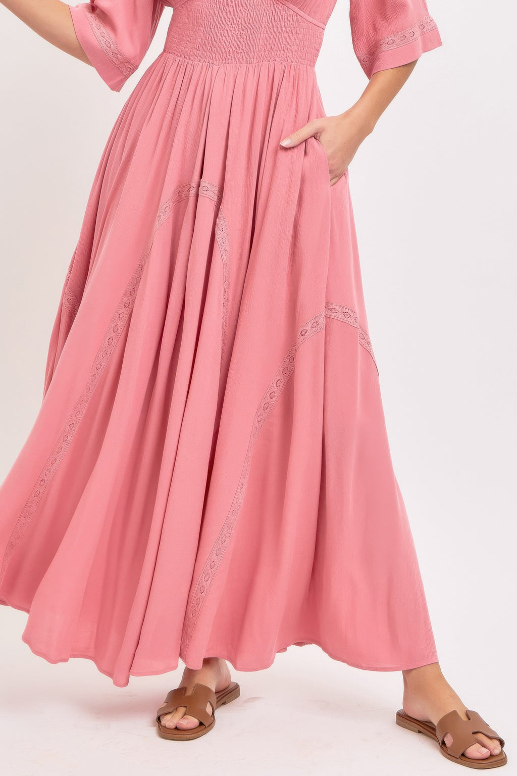 Pink rose maxi dress skirt with gathered tiers and lace-edged side panels