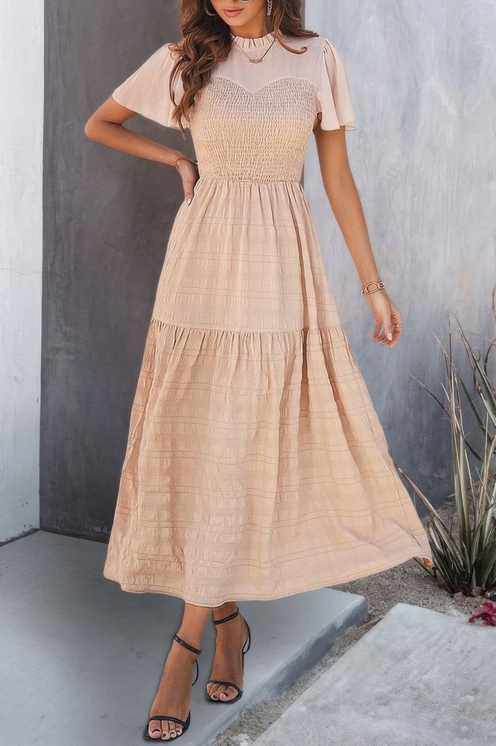 Khaki ruffle sleeve smocked crew neck tiered dress with gathered waist