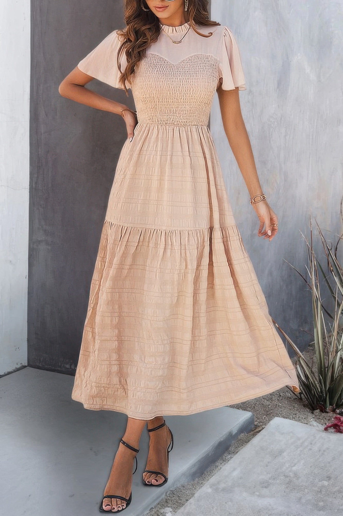Khaki ruffle sleeve smocked crew neck tiered dress with gathered waist
