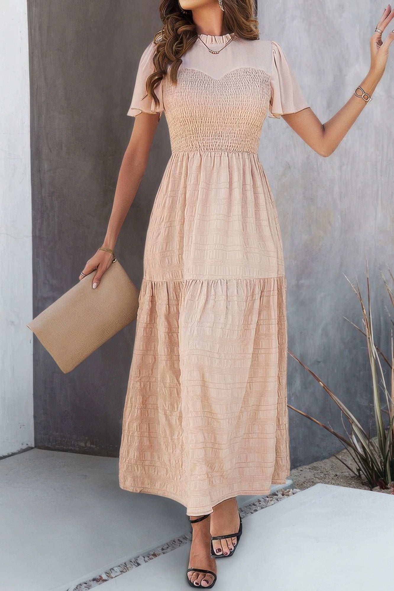 Khaki shirred crew neck ruffle hem maxi dress with short puff sleeves