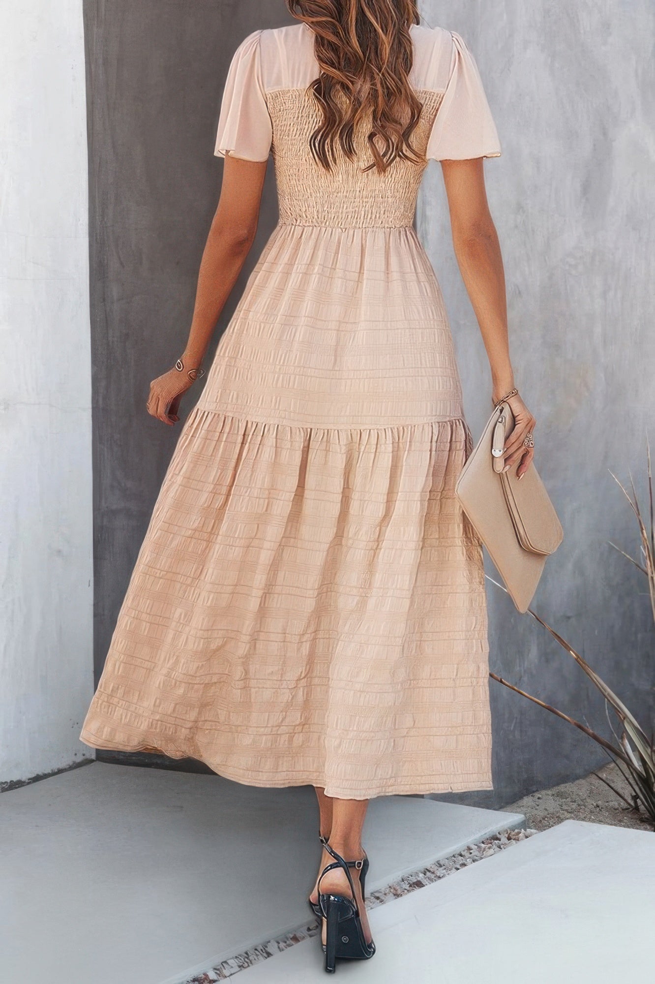 Khaki tiered smocked bodice dress with ruffled skirt and short ruffle sleeves