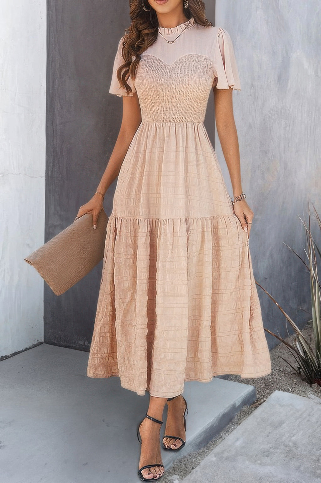 Khaki ruffle sleeve and hem tiered dress, gathered crew neck bodice