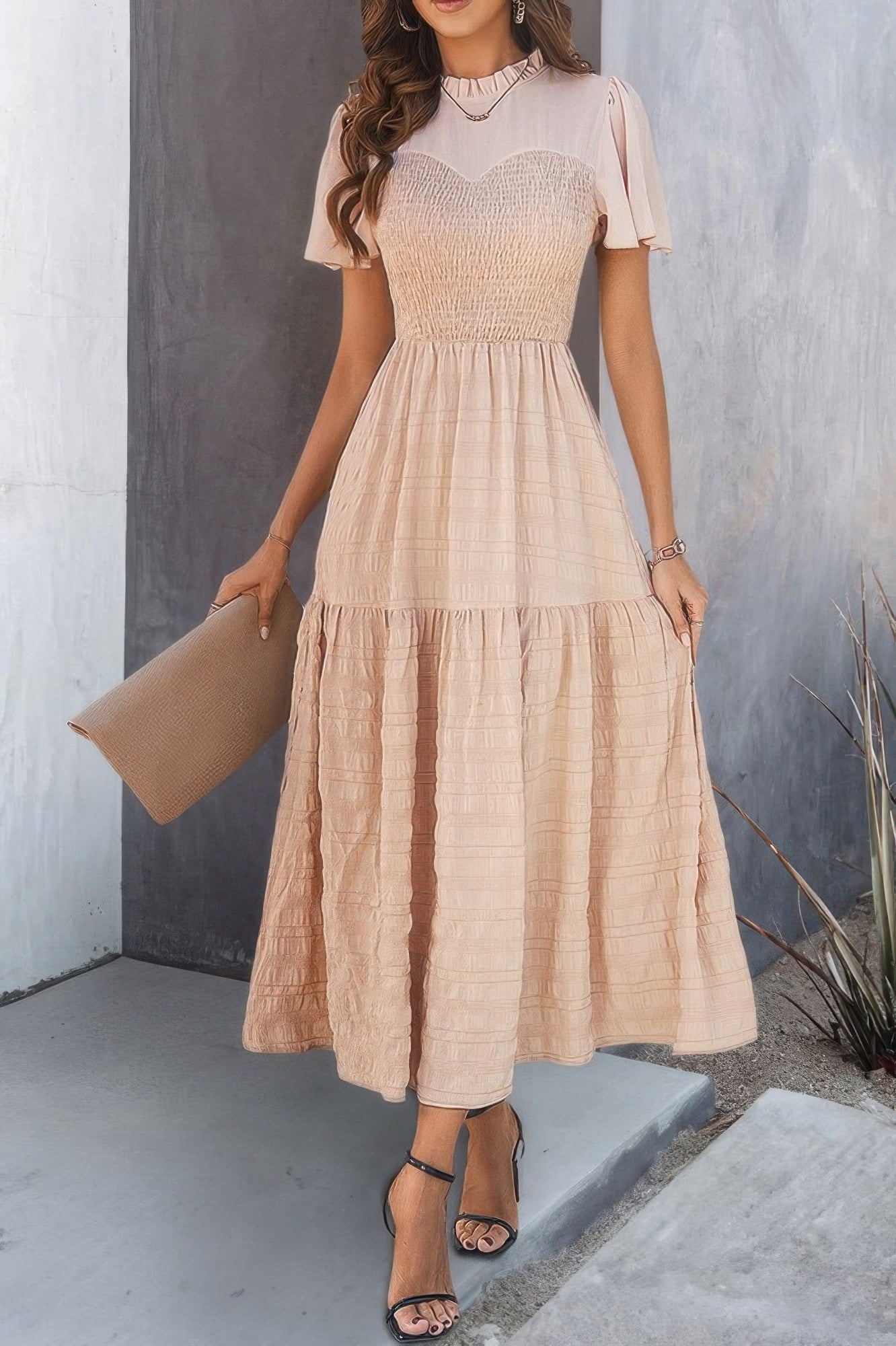 Khaki ruffle sleeve and hem tiered dress, gathered crew neck bodice