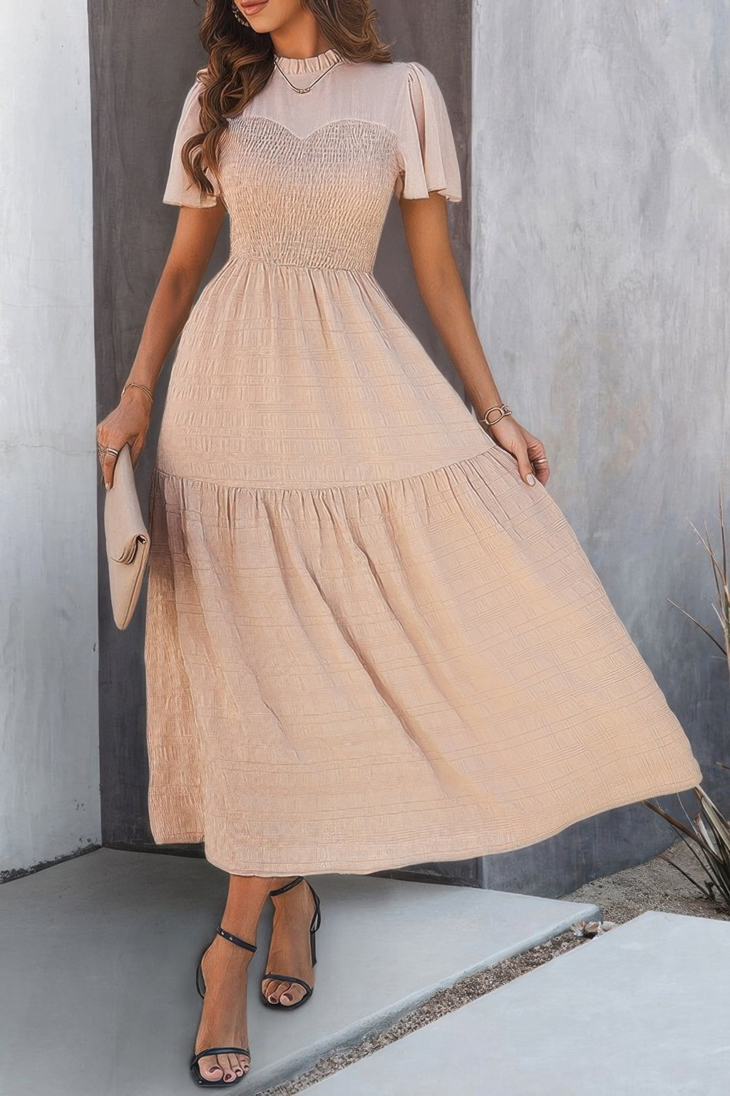 Khaki shirred crew neck dress with layered tiers and soft ruffle skirt hem