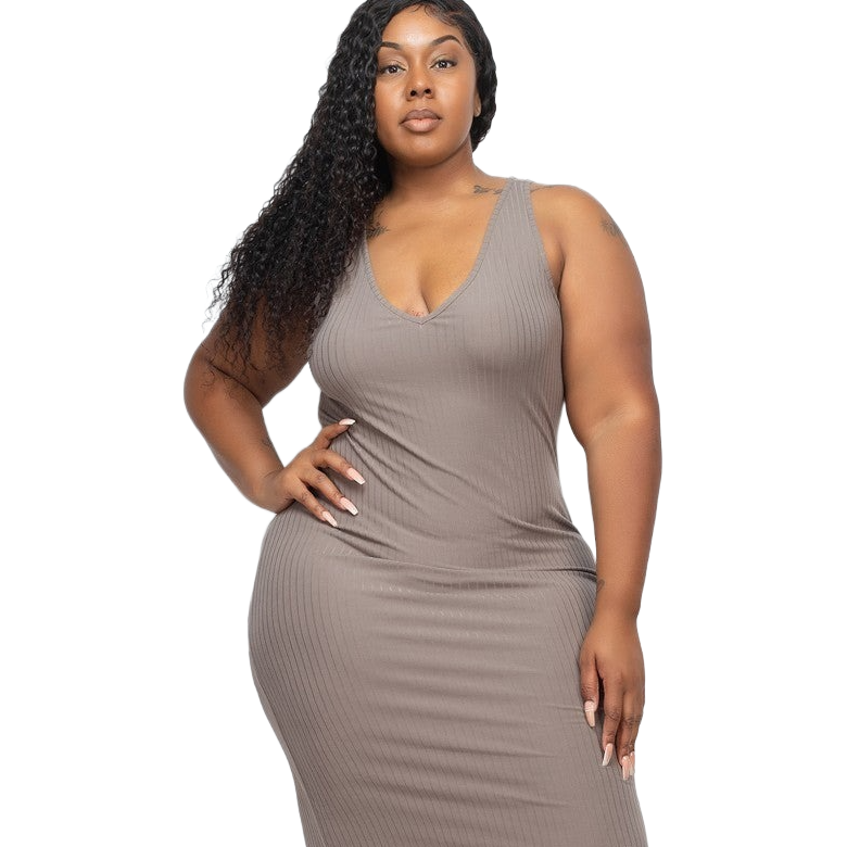 Taupe sleeveless V-neck ribbed bodycon dress, fitted front close-up