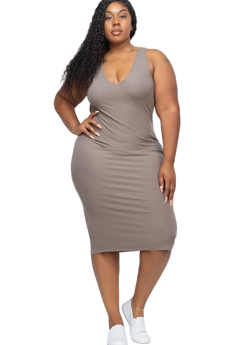 Taupe ribbed V-neck bodycon midi dress, sleeveless, size 2XL