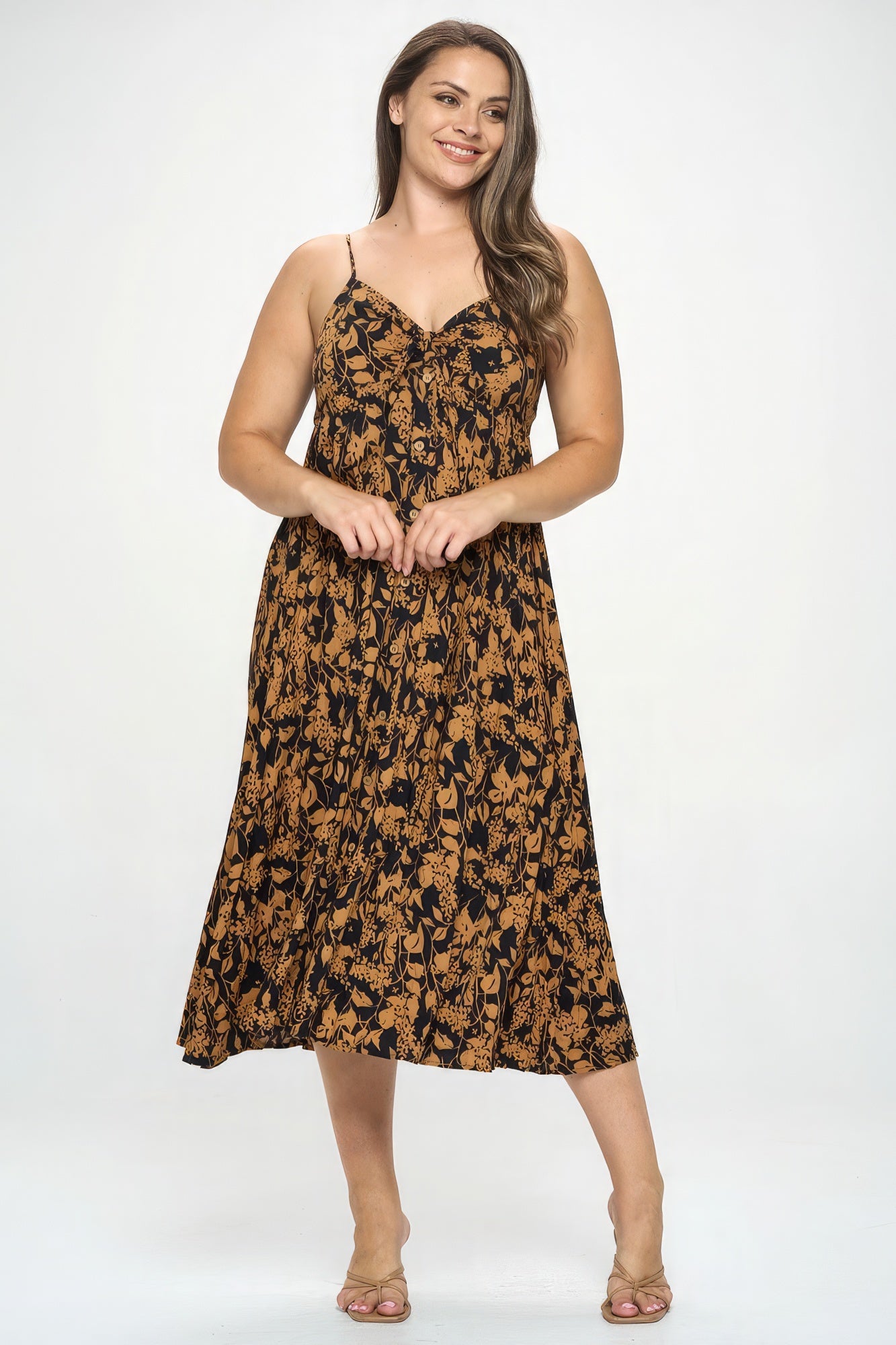 Size 3XL Brown/Black Botanical Print Front Tie Midi Dress - Tigbul's Variety Fashion Shop