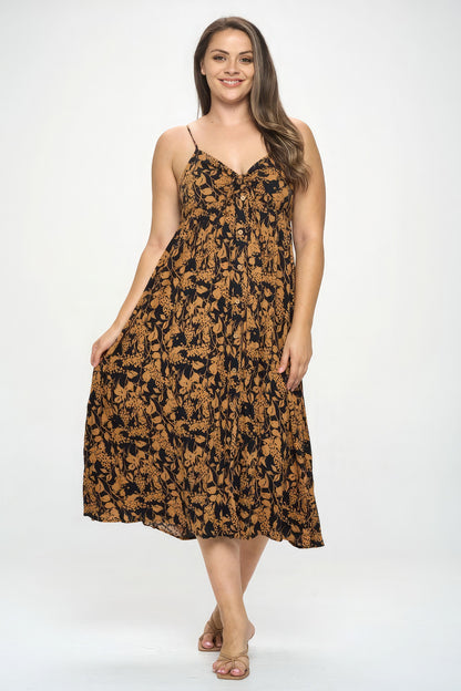 Size 3XL Brown/Black Botanical Print Front Tie Midi Dress - Tigbul's Variety Fashion Shop