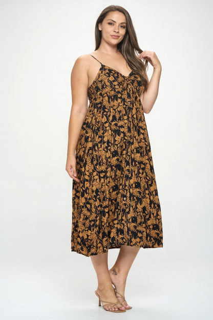 Size 3XL Brown/Black Botanical Print Front Tie Midi Dress - Tigbul's Variety Fashion Shop
