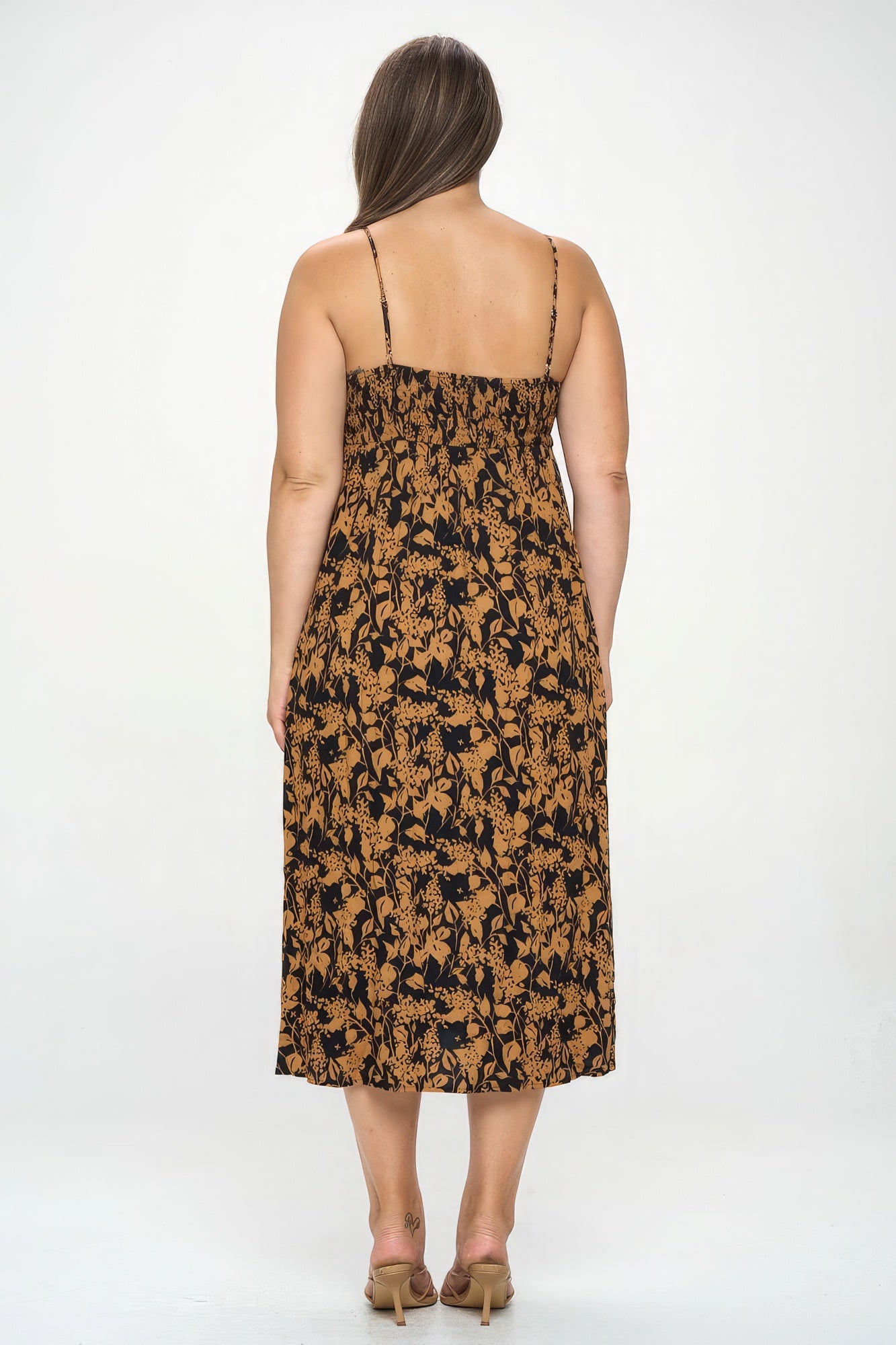 Size 3XL Brown/Black Botanical Print Front Tie Midi Dress - Tigbul's Variety Fashion Shop