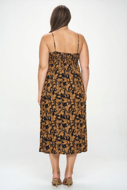 Size 3XL Brown/Black Botanical Print Front Tie Midi Dress - Tigbul's Variety Fashion Shop