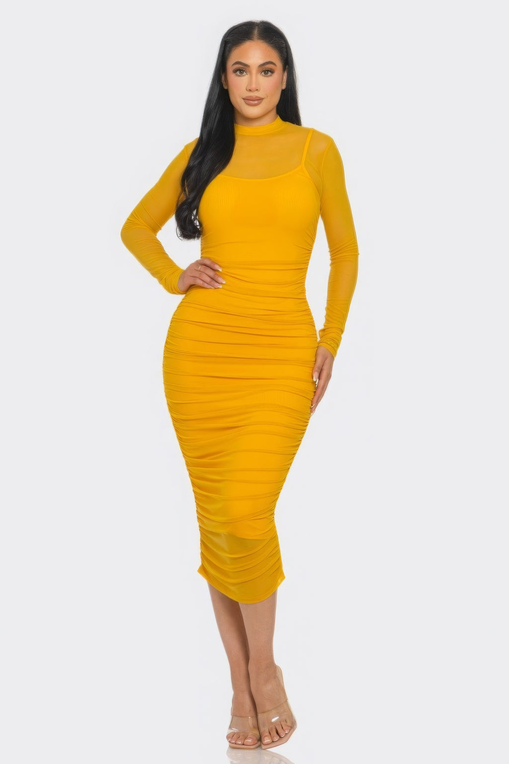 Mustard solid mesh ruched midi dress with long sleeves and fitted sheath silhouette