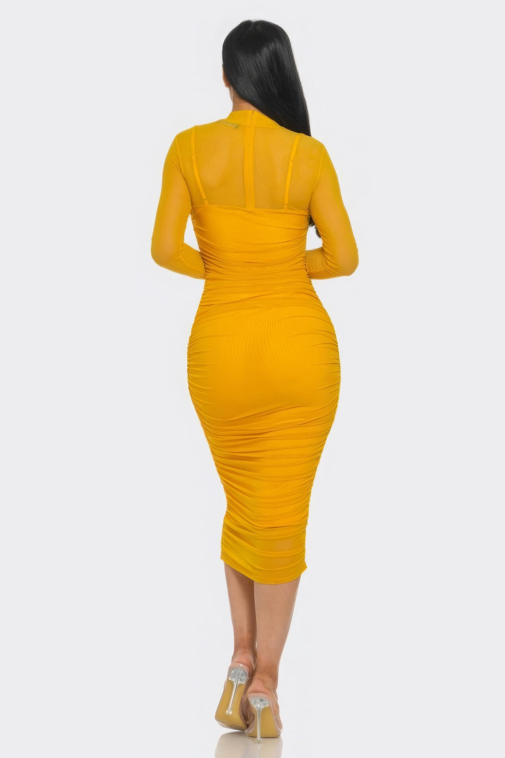Mustard ruched midi dress, mesh back with vertical back panel and long sleeves