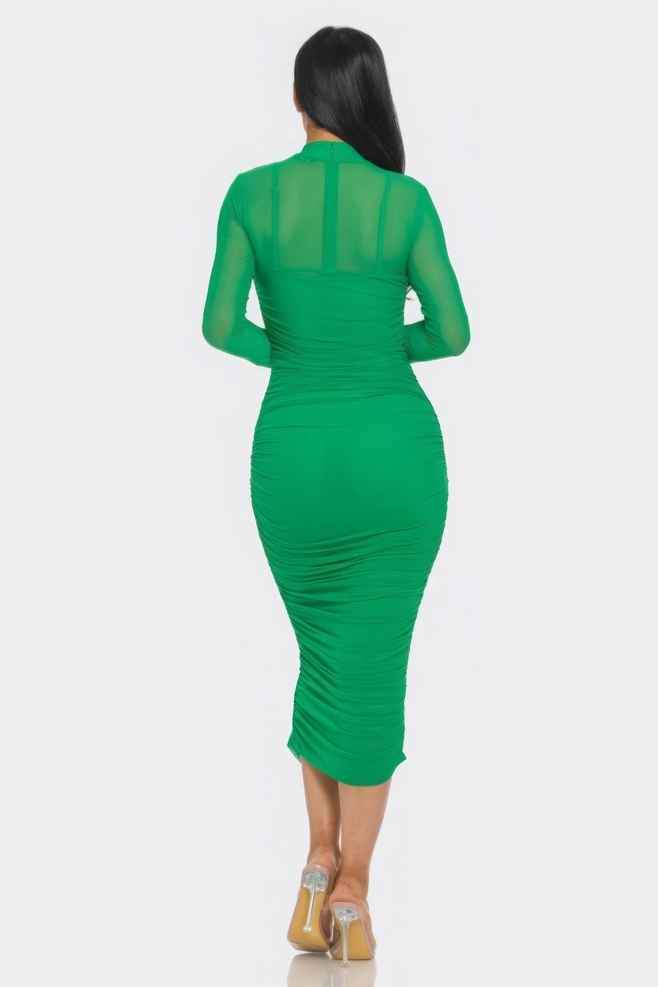 Green ruched midi mesh dress, open back panel with long sleeves, back view