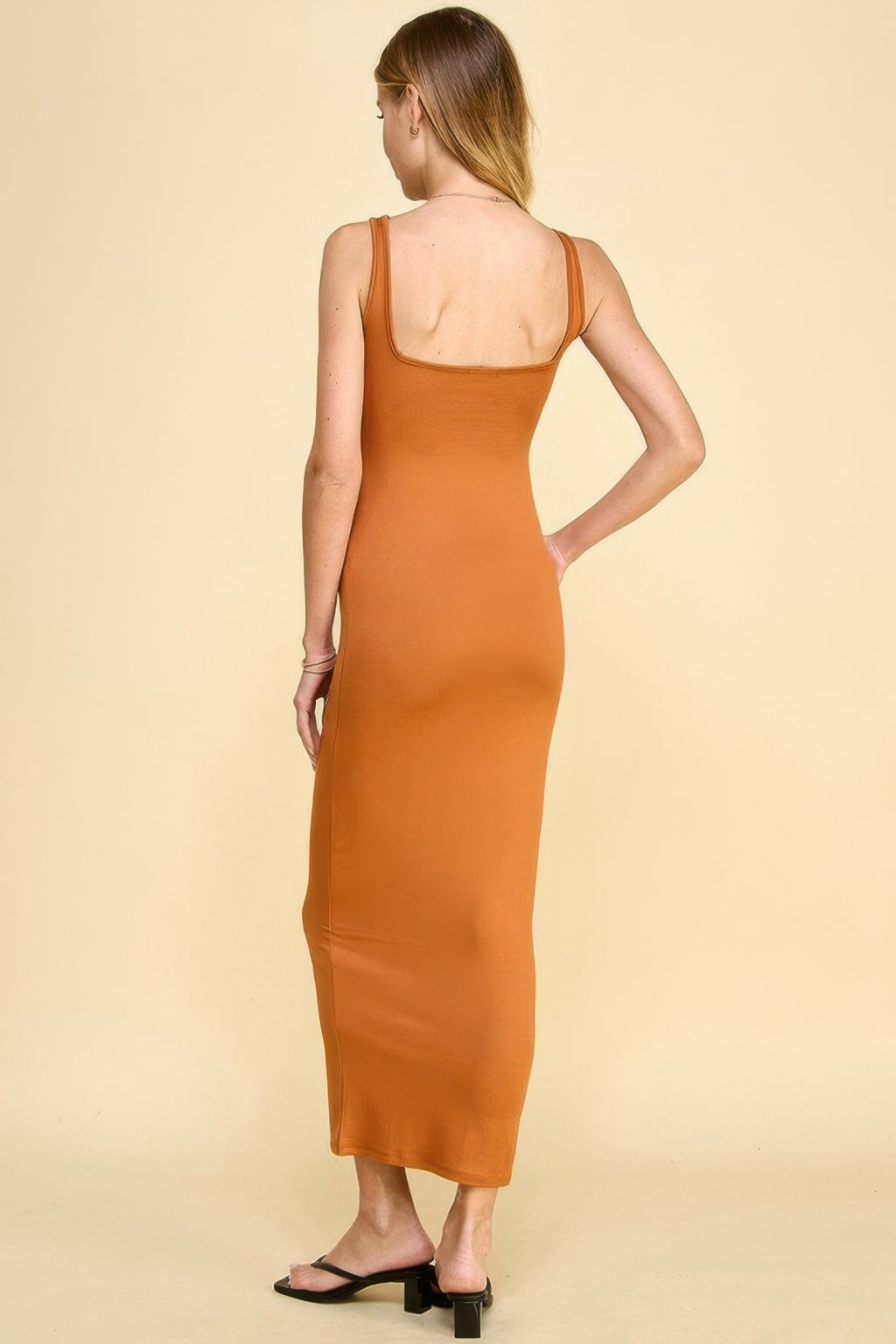 Square-neck tank maxi dress, spicy camel, scoop-back sleeveless fitted midi