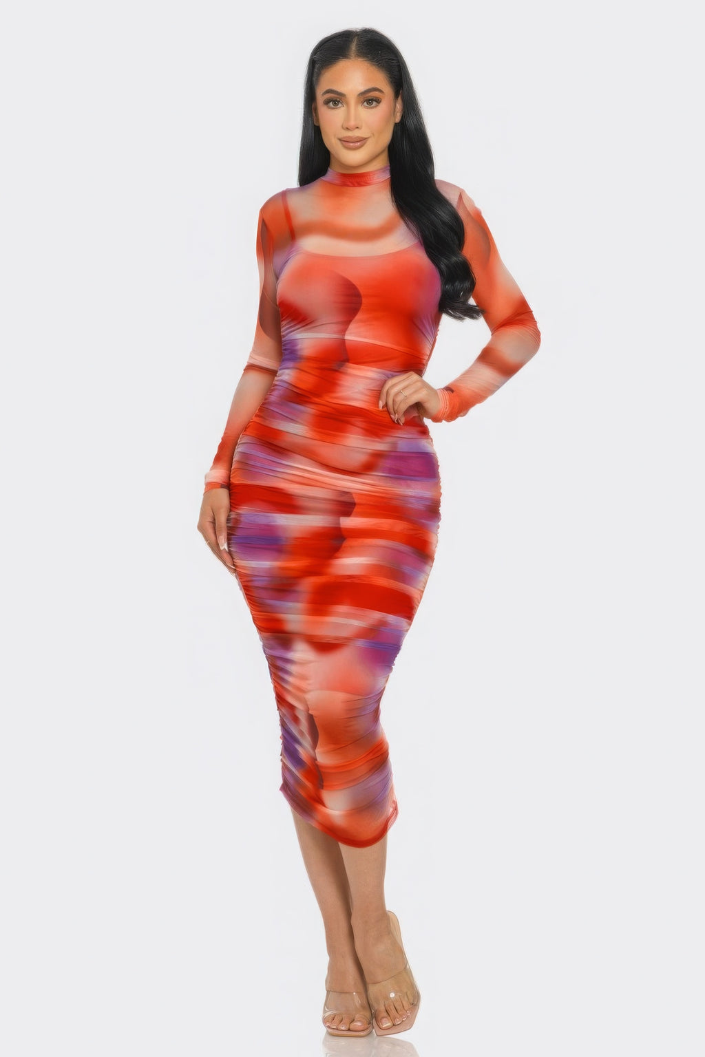 Red printed mesh midi dress with ruched waist, high neck, long sleeves