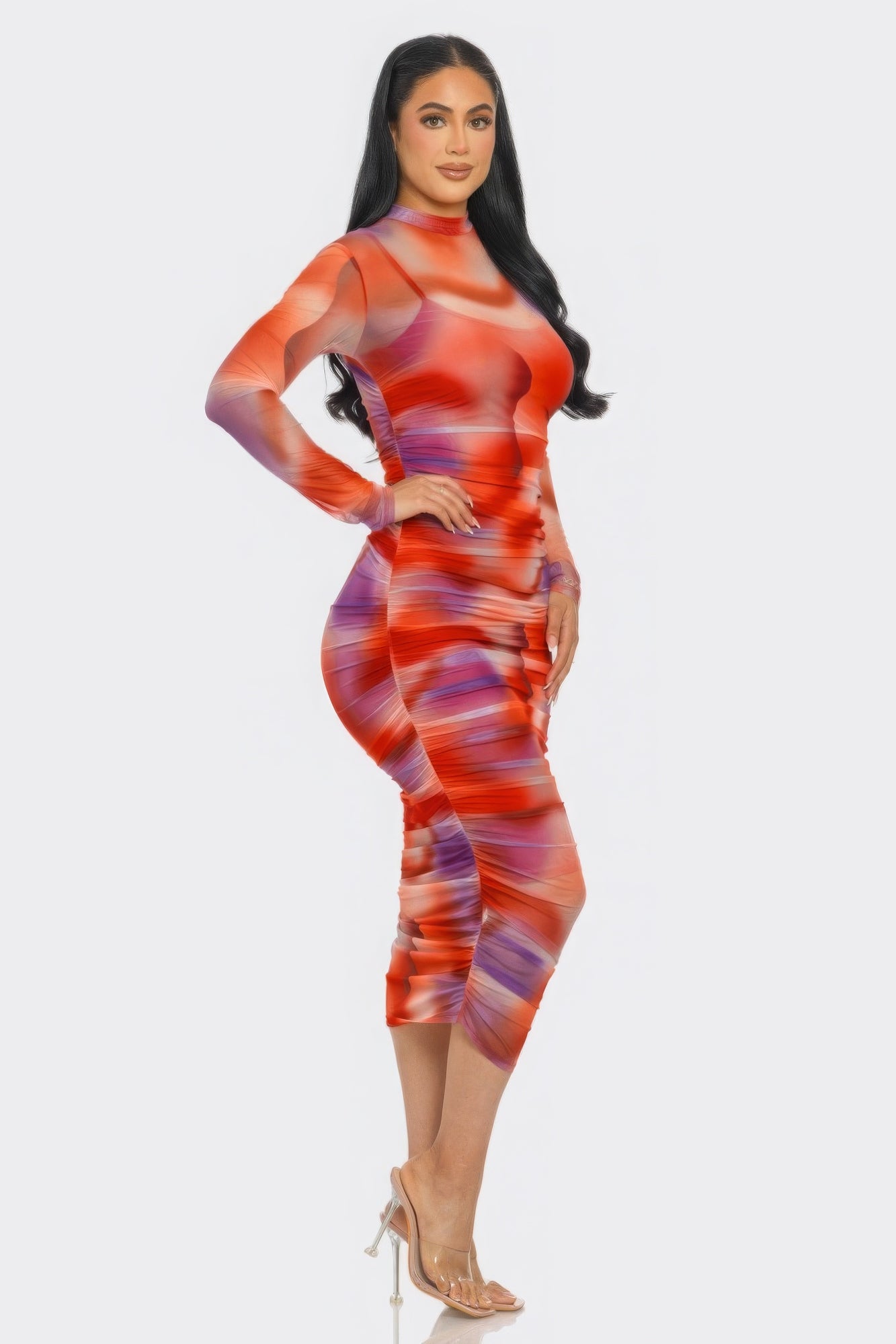 Red-orange abstract print ruched midi mesh dress, high neckline, long sleeves
