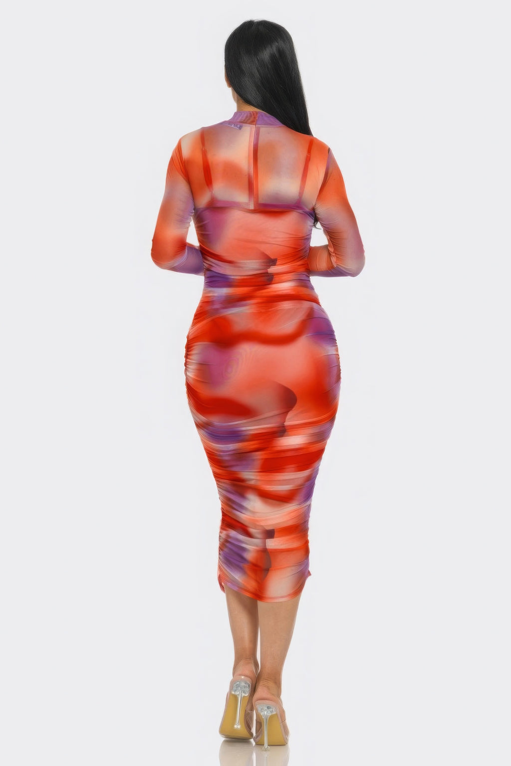 Back view: red printed mesh ruched midi dress, sheer long sleeves, high neck