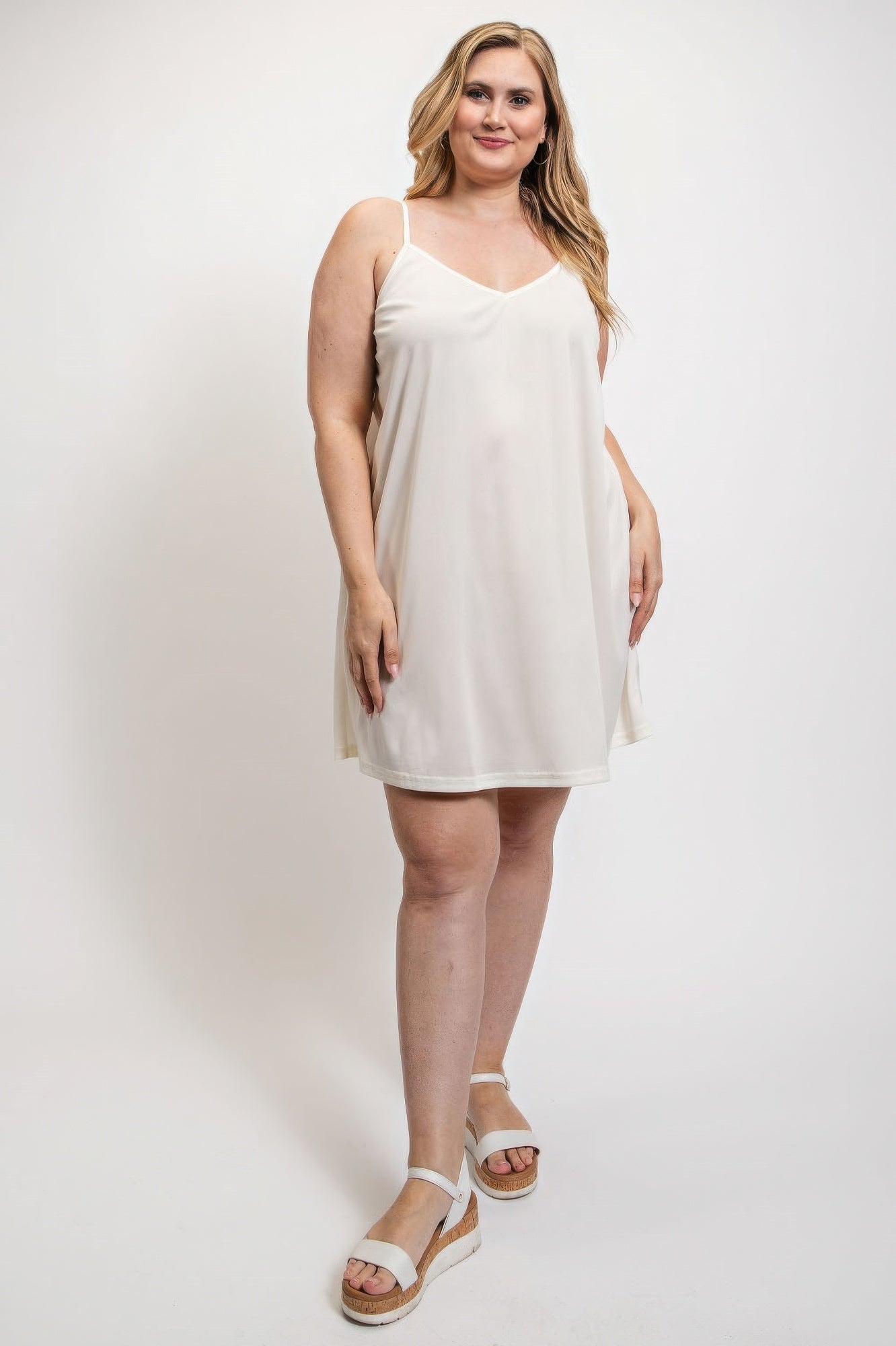 White Plus Size V-neck slip dress with adjustable straps - Tigbul's Variety Fashion Shop
