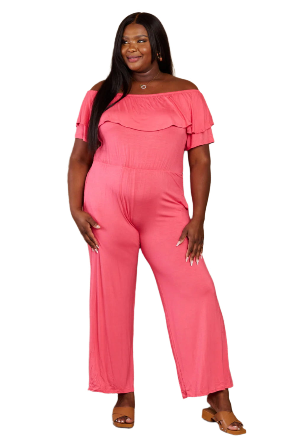 Coral off-shoulder jumpsuit with ruffled neckline and ruched waist detail, 2XL