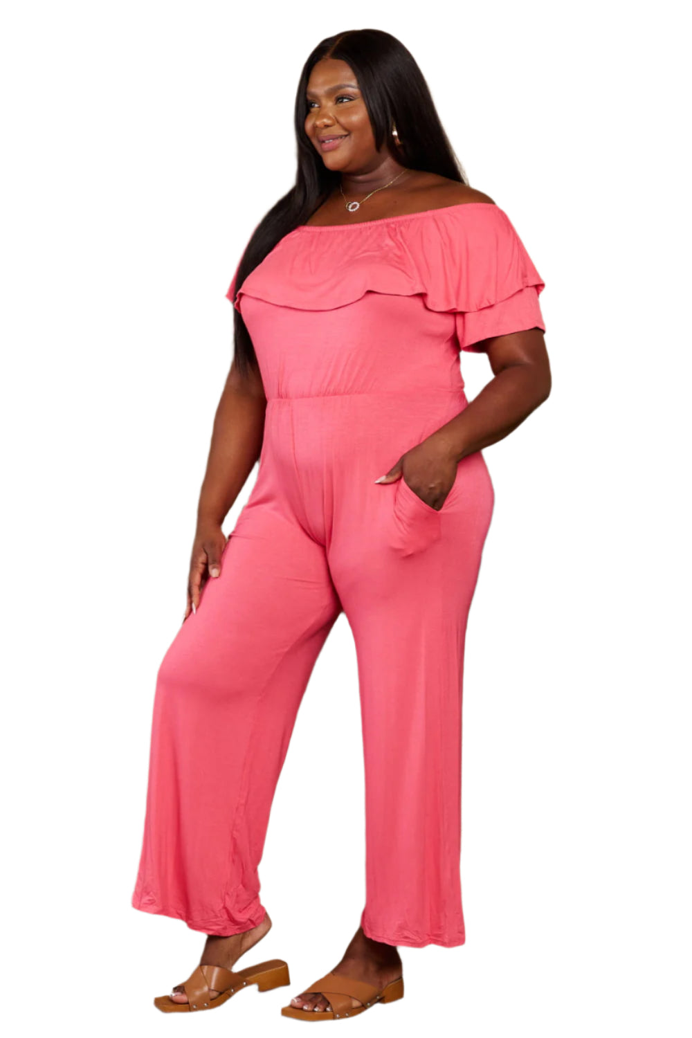2XL Off-Shoulder Jumpsuit with Pockets in Coral Color - Tigbul's Variety Fashion Shop