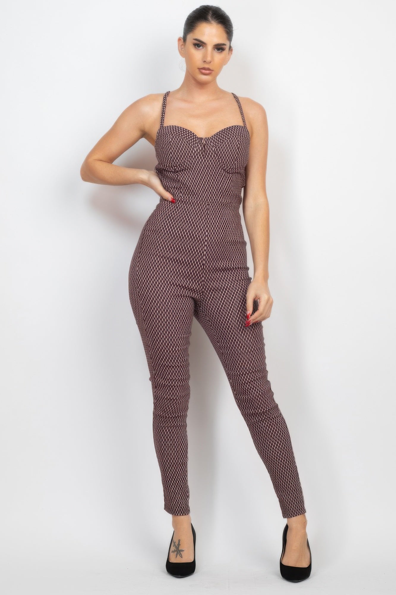 Plaid sleeveless zip-front jumpsuit in dark brown, straight slim legs