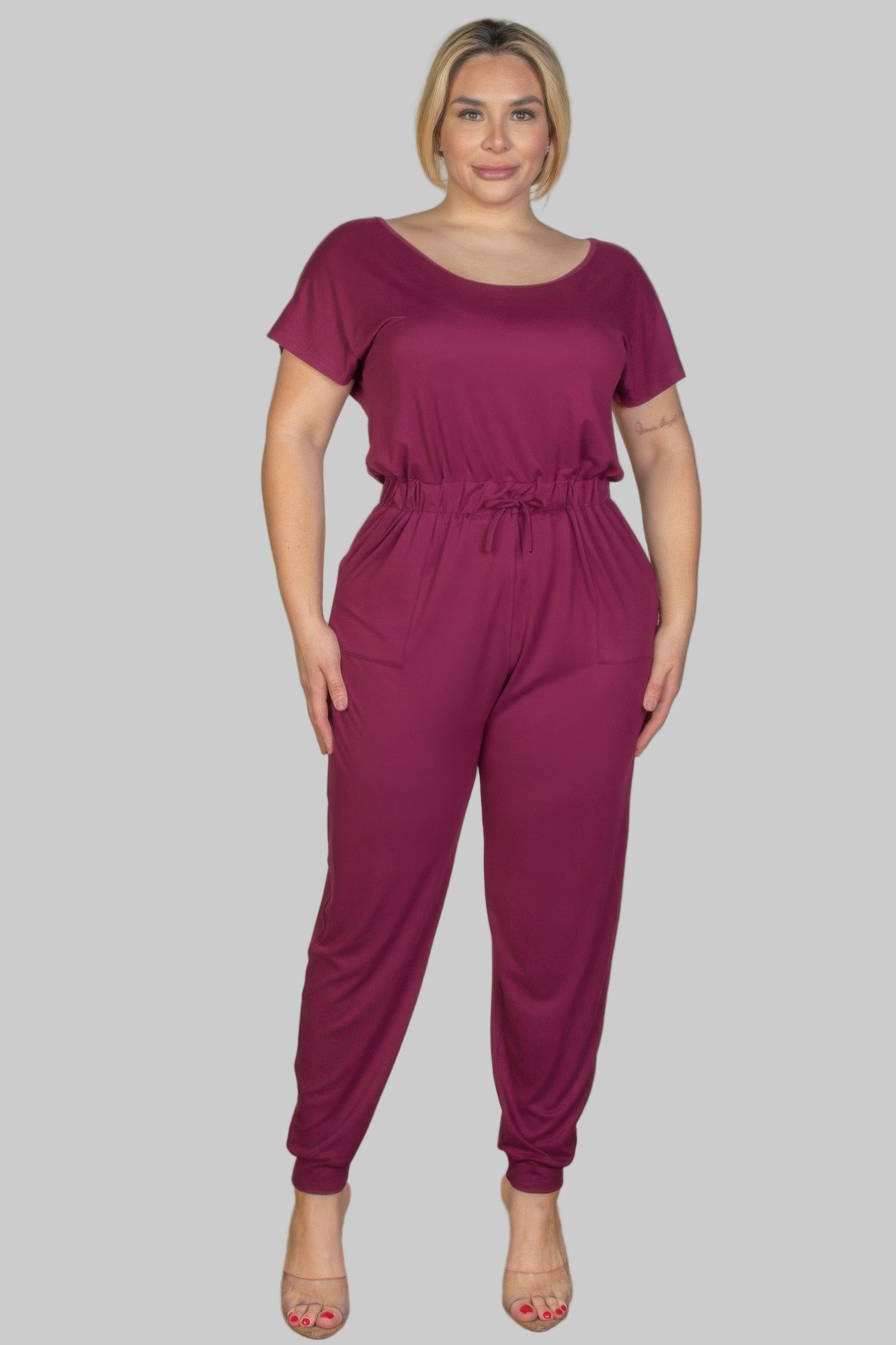 Plus Size Solid Drawstring Short Sleeve Jumpsuit - Tigbul's Variety Fashion Shop