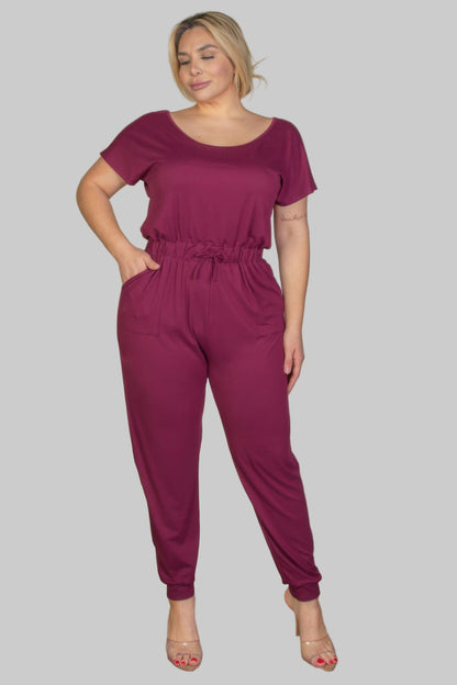 Plus Size Solid Drawstring Short Sleeve Jumpsuit - Tigbul's Variety Fashion Shop
