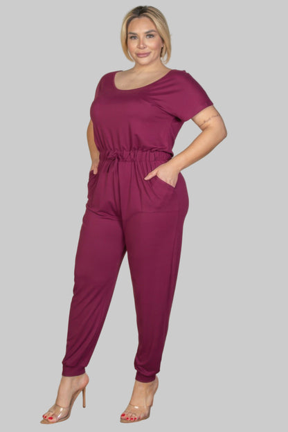 Plus Size Solid Drawstring Short Sleeve Jumpsuit - Tigbul's Variety Fashion Shop