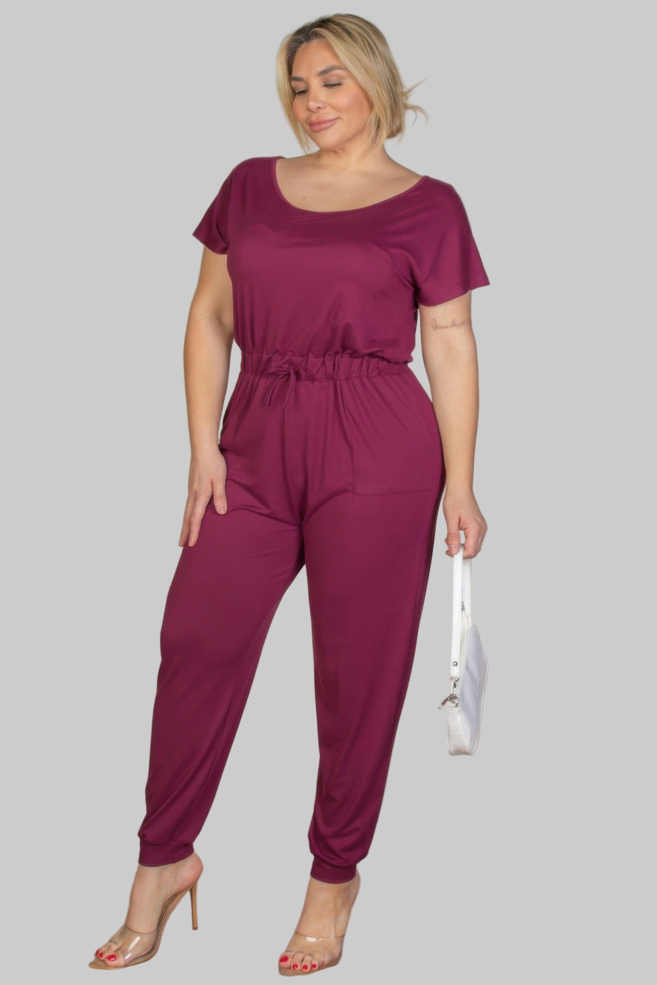 Plus Size Solid Drawstring Short Sleeve Jumpsuit - Tigbul's Variety Fashion Shop