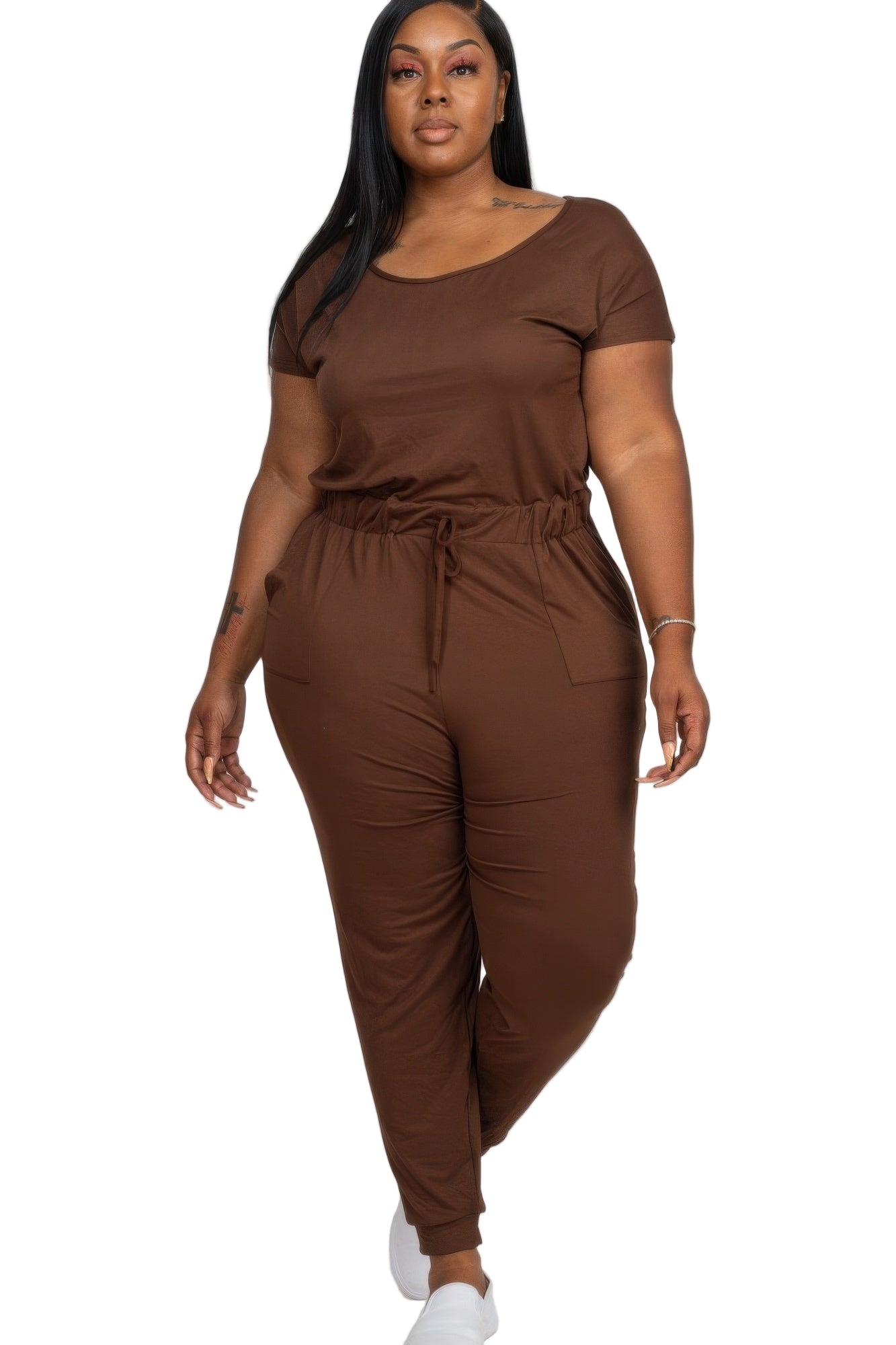 Plus Size Solid Drawstring Short Sleeve Jumpsuit - Tigbul's Variety Fashion Shop