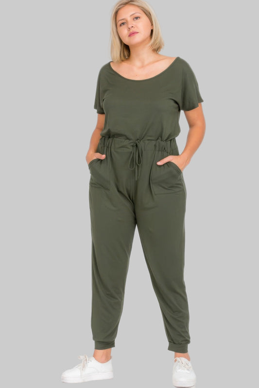Plus Size Solid Drawstring Short Sleeve Jumpsuit - Tigbul's Variety Fashion Shop