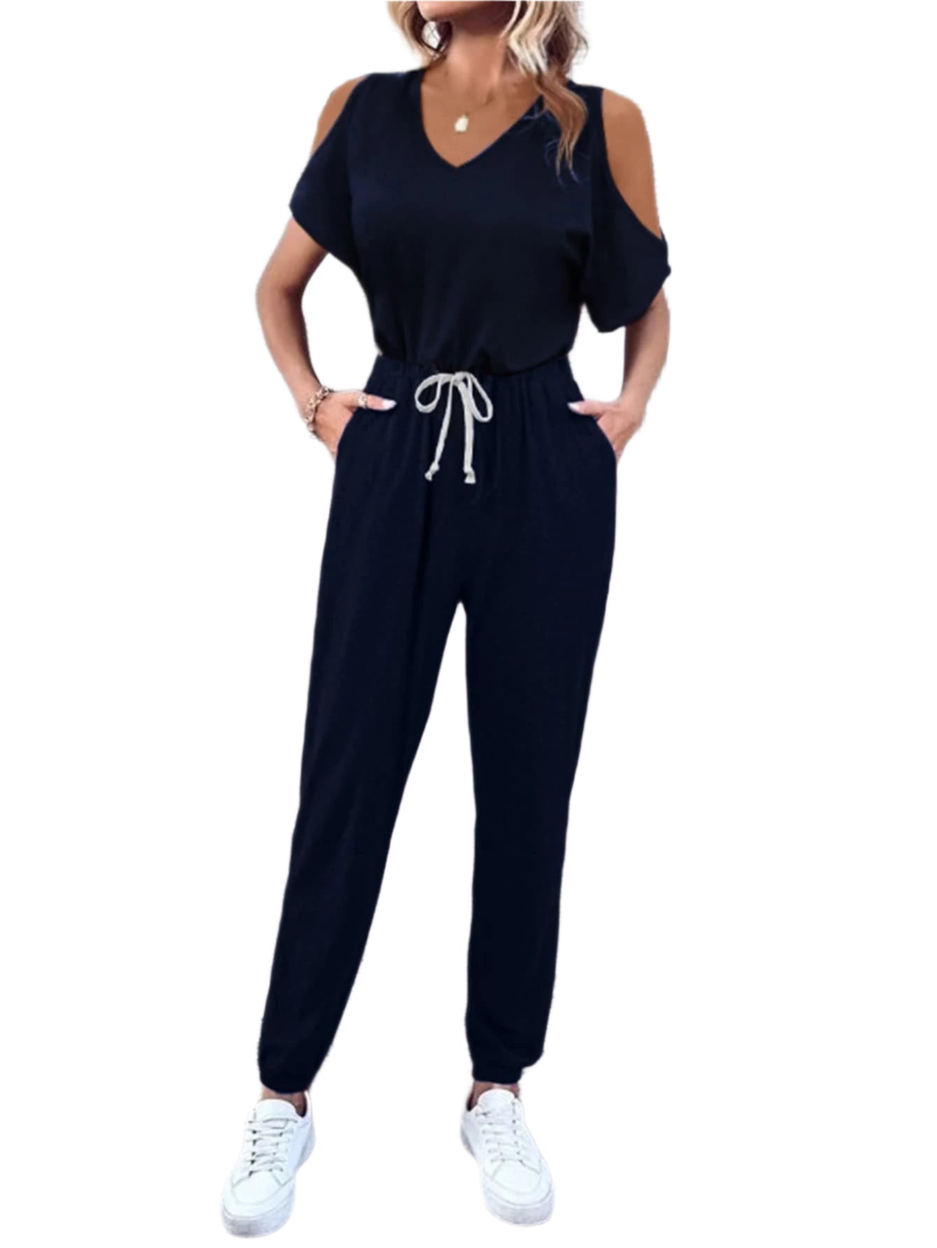 Size Medium V-Neck Cold-Shoulder Jumpsuit in Navy Blue - Tigbul's Variety Fashion Shop
