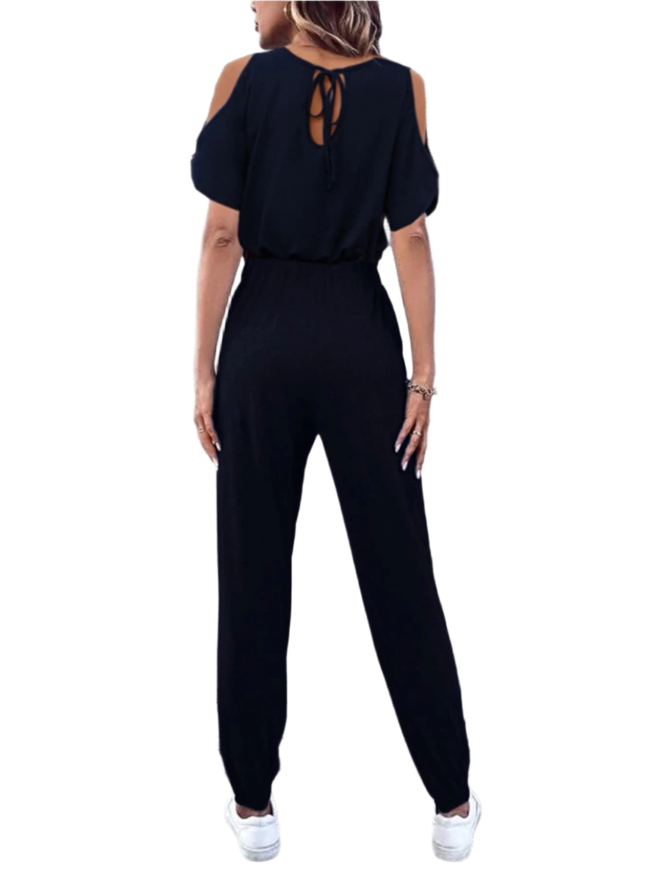 Size Medium V-Neck Cold-Shoulder Jumpsuit in Navy Blue - Tigbul's Variety Fashion Shop