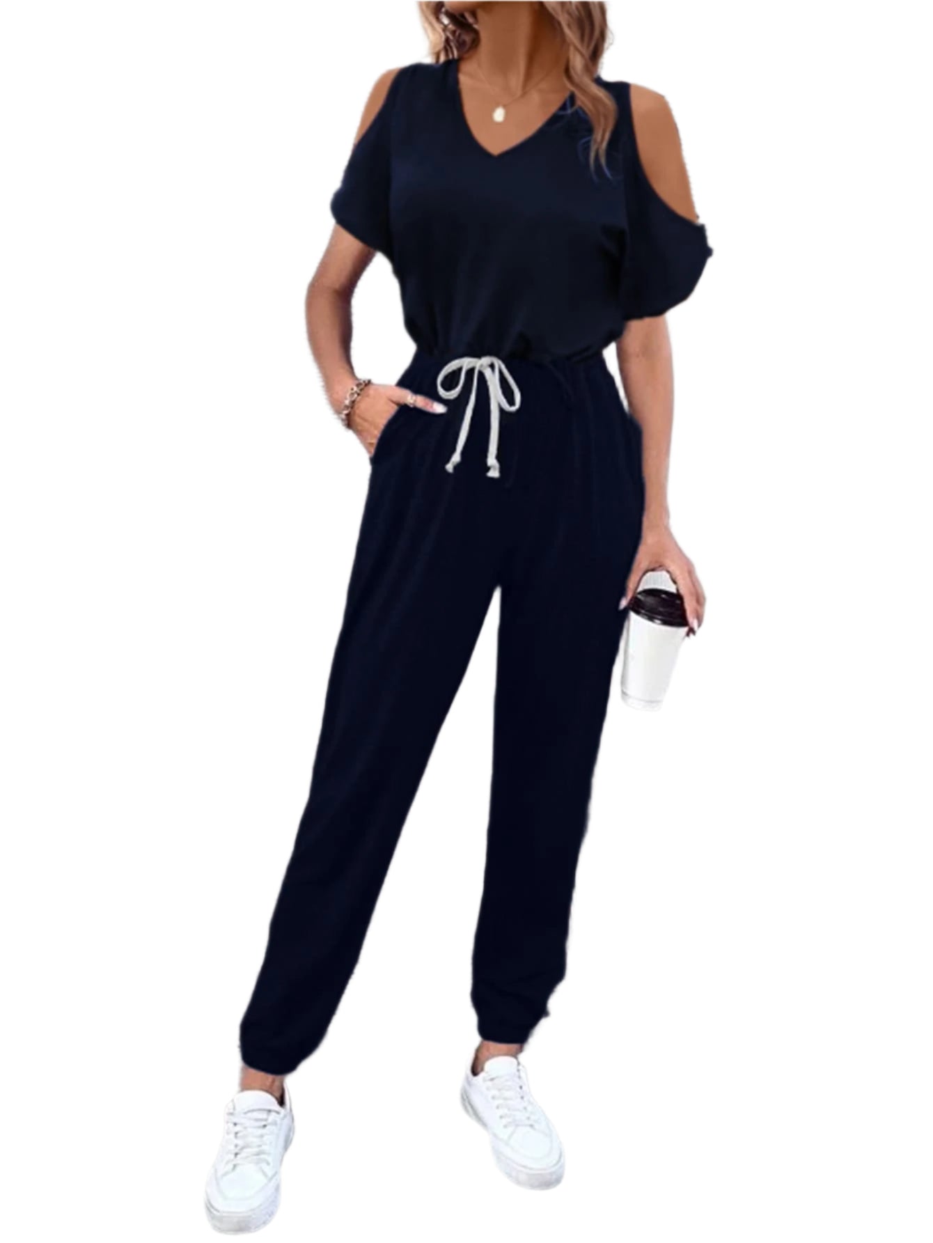 Size Medium V-Neck Cold-Shoulder Jumpsuit in Navy Blue - Tigbul's Variety Fashion Shop