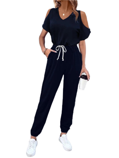 Size Medium V-Neck Cold-Shoulder Jumpsuit in Navy Blue - Tigbul's Variety Fashion Shop