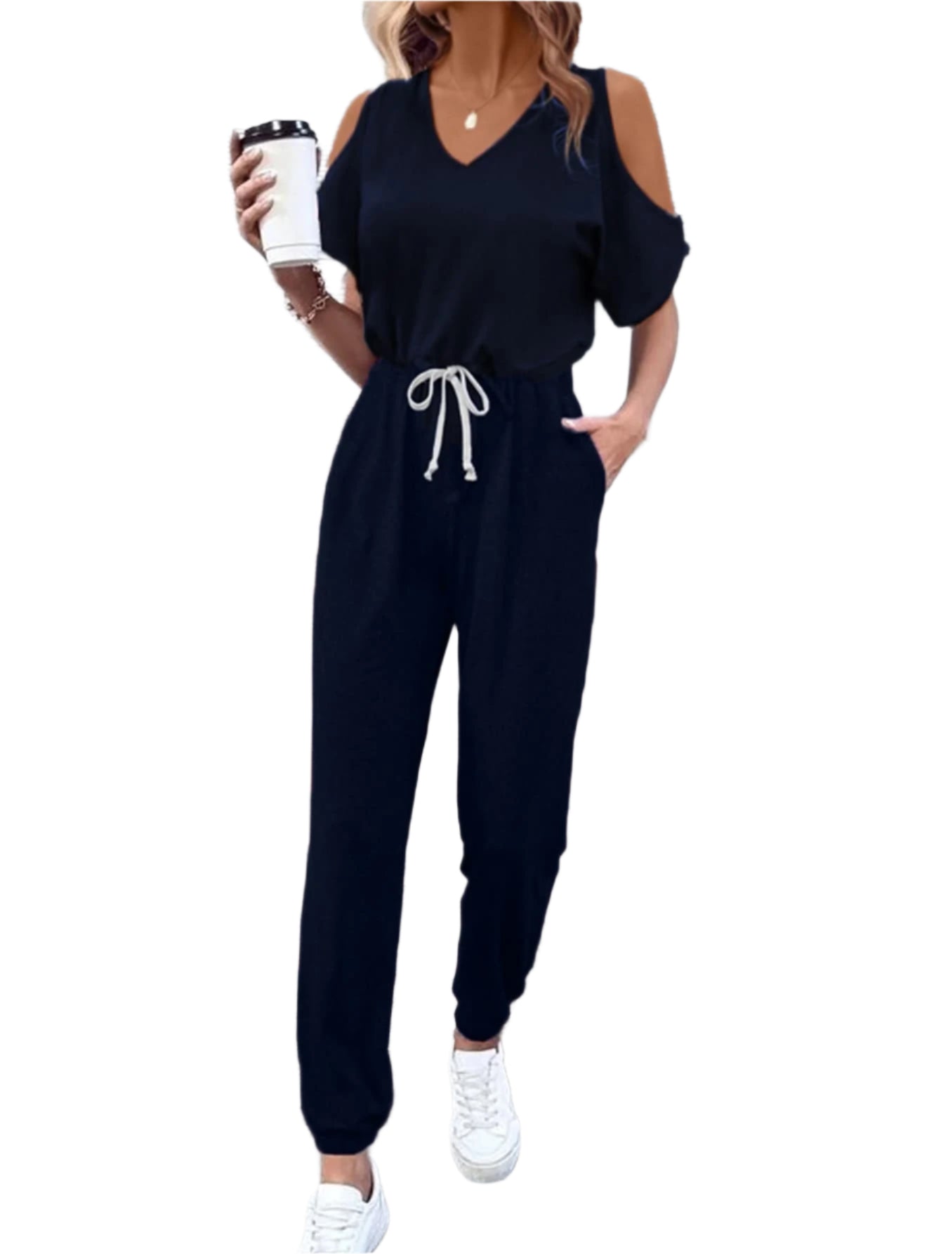 Size Medium V-Neck Cold-Shoulder Jumpsuit in Navy Blue - Tigbul's Variety Fashion Shop