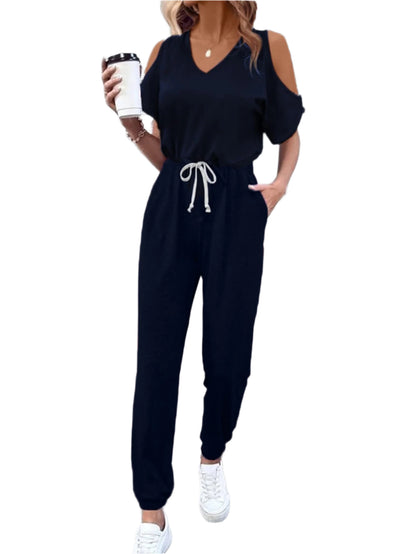 Size Medium V-Neck Cold-Shoulder Jumpsuit in Navy Blue - Tigbul's Variety Fashion Shop