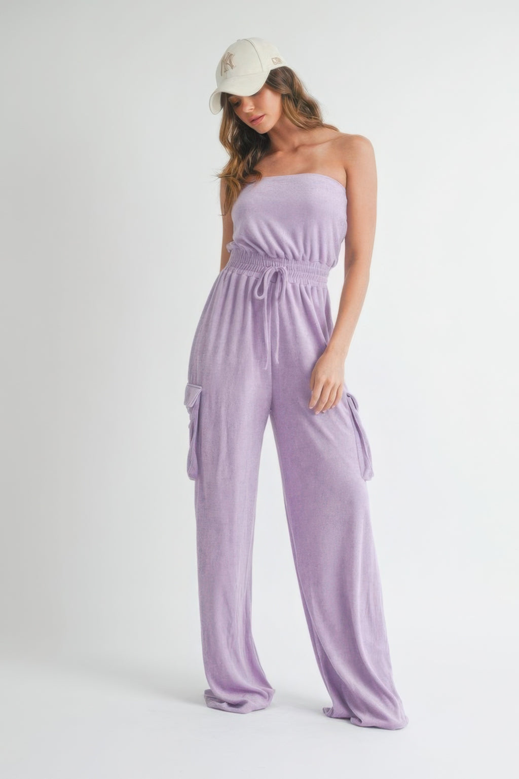 Lavender tube top jumpsuit with drawstring waist and cargo pockets, wide-leg fit