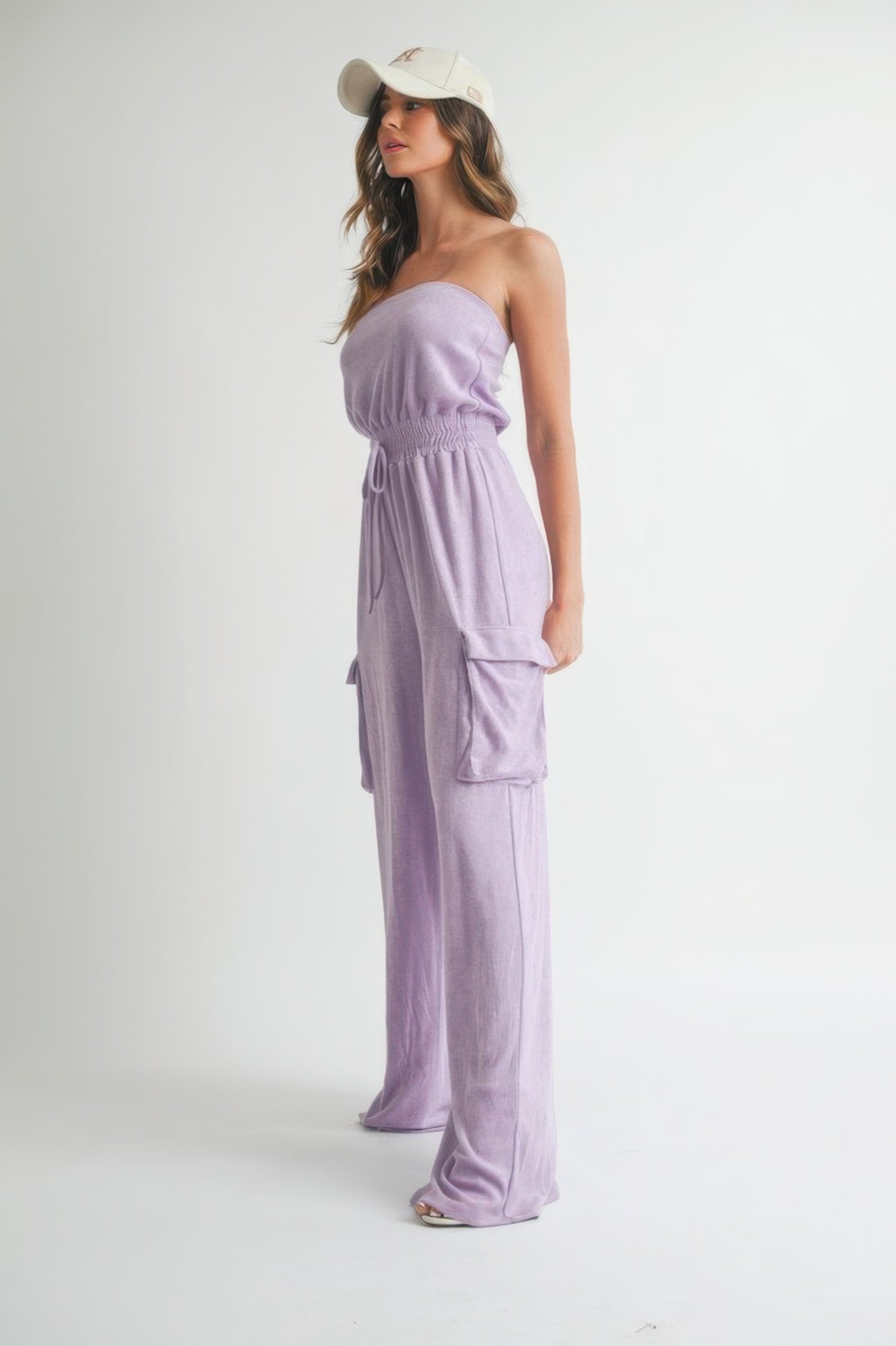 Lavender tube top jumpsuit, strapless bodice with elastic waist and cargo pocket panels