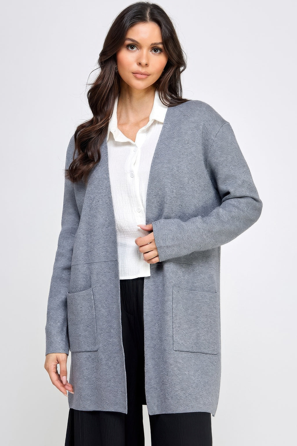 Open-front longline cardigan, gray knit with side patch pockets