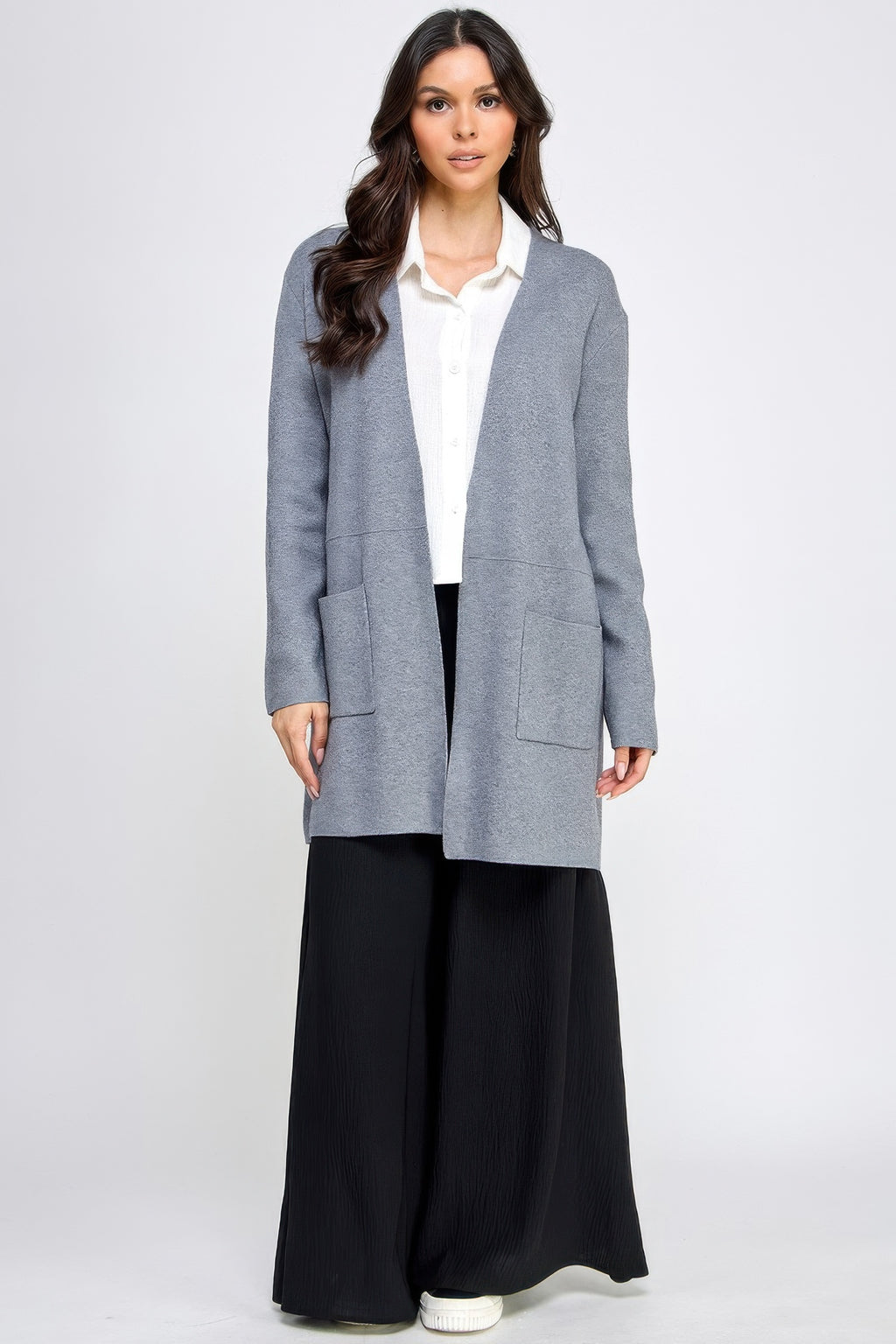 Longline open-front cardigan in gray knit with patch pockets