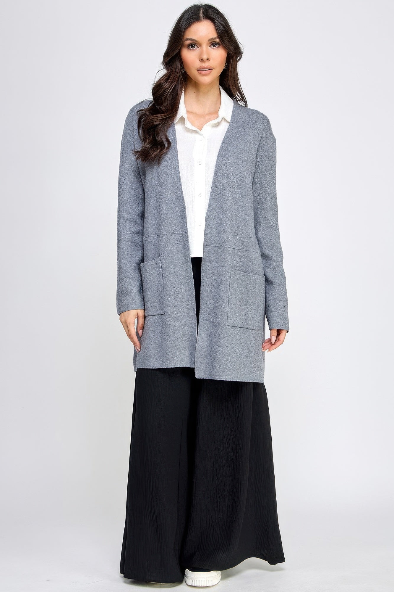 Longline open-front cardigan in gray knit with patch pockets