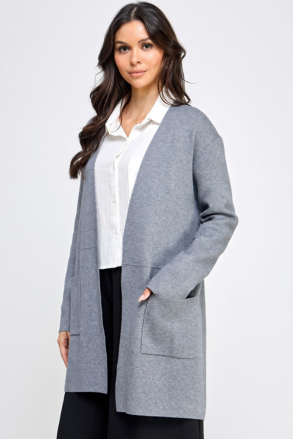 Longline cardigan with open front, gray knit and patch pockets