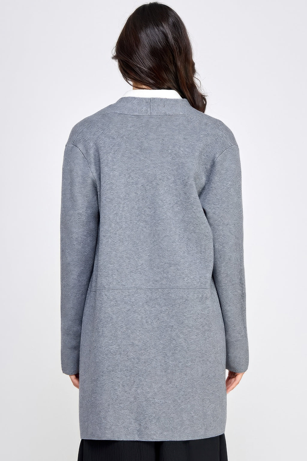 Back view: longline gray cardigan with smooth yoke and straight hem